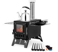 Hot Tent Stove, Portable Camping Stove with Visible Window and Adjustable Air Vents, Folding Tent Stove for Outdoor Heating and Cooking, with Metal Barbecue Grill for Camping, Bushcraft (Black)