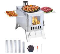 Hot Tent Stove with 5 Pipes Accessories, Wood Burning Camping Stove, Visible Window Side Panels Heating Cooking Wood Burner Stoves for Picnic Fishing Hiking (Silver)