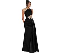 Hot Trend! Black Satin Mermaid Evening Gown with Embellished Shoulder & Waist