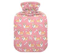 Hot Water Bottle, 1L Small Hot Water Bag with Soft Plush Warmer Cover Corgi Pink Background Bones, Leak Proof Screw Plug Best for Winter Sports Outdoors Back Neck and Leg Cold Muscle Pain and Cramps