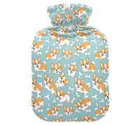 Hot Water Bottle, 1L Small Hot Water Bag with Soft Plush Warmer Cover Corgi Puppy White Bones, Leak Proof Screw Plug Best for Winter Sports Outdoors Back Neck and Leg Cold Muscle Pain and Cramps