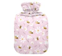 Hot Water Bottle, 1L Small Hot Water Bag with Soft Plush Warmer Cover Daisy and Bee Pink, Leak Proof Screw Plug Best for Winter Sports Outdoors Back Neck and Leg Cold Muscle Pain and Cramps