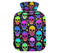 Hot Water Bottle, 1L Small Hot Water Bag with Soft Plush Warmer Cover Gothic Bright Skulls, Leak Proof Screw Plug Best for Winter Sports Outdoors Back Neck and Leg Cold Muscle Pain and Cramps