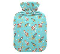 Hot Water Bottle, 1L Small Hot Water Bag with Soft Plush Warmer Cover Rocket Stars, Leak Proof Screw Plug Best for Winter Sports Outdoors Back Neck and Leg Cold Muscle Pain and Cramps