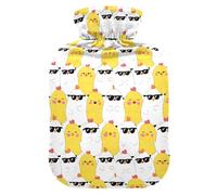 Hot Water Bottle, 1L Small Hot Water Bag with Soft Plush Warmer Cover Wearing Sunglasses with A Chicken, Leak Proof Screw Plug Best for Winter Sports Outdoors Back Neck and Leg Cold Muscle Pain and Cr