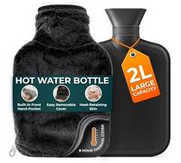 Hot Water Bottle - 2L Black Hot Water Bottle for Pain Relief, Hand and Foot Warmer - Luxury, Soft and Washable Hot Water Bag for Hot and Cold Compress