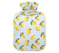 Hot Water Bottle, 2L Large Hot Water Bag with Soft Plush Cover Grid Background Lemon, Leak Proof Screw Plug Best for Winter Sports Outdoors Back Neck and Leg Cold Muscle Pain and Cramps