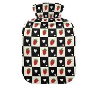 Hot Water Bottle, 2L Large Hot Water Bag with Soft Plush Cover Grid Strawberry Heart-Shaped, Leak Proof Screw Plug Best for Winter Sports Outdoors Back Neck and Leg Cold Muscle Pain and Cramps