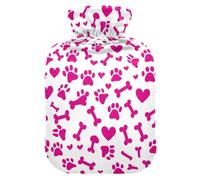 Hot Water Bottle, 2L Large Hot Water Bag with Soft Plush Cover Heart Paw Bone Stroke Pink, Leak Proof Screw Plug Best for Winter Sports Outdoors Back Neck and Leg Cold Muscle Pain and Cramps
