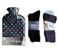 Hot Water Bottle 2L with Fleece Cover and Thermal Socks Set - Polka Dot Design - Cold Weather Essentials for Men and Women, Reusable Heat Therapy for Winter Comfort (Polkadot)