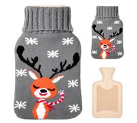 Hot Water Bottle 800ML Rubber Hot Water Bag with Snowflake Deer Pattern Knitted Cover for Hand Feet Warmer, Neck and Shoulder Pain Relief (Grey)
