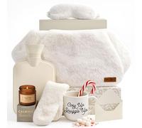 Hot Water Bottle Gift Set - Christmas Presents for Women, Includes White 1.5L Wrap Around Hot Water Bottle with Socks, Mug, Candle, Eye Mask, and Colouring Book with Pencil - Gifts for Women