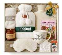 Hot Water Bottle Gift Set - Christmas Presents for Women, Includes White 1L Hot Water Bottle with Socks, Mug, Candle, Eye Mask, and Colouring Book with Pencil - Gifts for Women