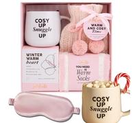 Hot Water Bottle Gift Set - Hot Chocolate Gift Set with Mug, Knitted Cosy, Sleeping Mask, Fluffy Socks, Marshmallows Candy Canes Christmas, Gifts for Women & Men, Mum & Dad - Pink Gifts Xmas Presents