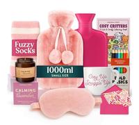 Hot Water Bottle Gift Set - Pink 1000ml Hot Water Bottle with Socks, Mug, Candle, Eye Mask, and Colouring Book with Pencil - Xmas Gifts for Women - Christmas Gifts for Her