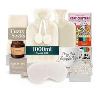 Hot Water Bottle Gift Set - White 1000ml Hot Water Bottle with Socks, Mug, Candle, Eye Mask, and Colouring Book with Pencil - Xmas Gifts for Women - Christmas Gifts for Her