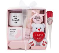 Hot Water Bottle Gift Set with Mug Hot Chocolate Knitted Cosy Sleep Mask Fluffy Socks Marshmallows Candy Canes I Love You Teddy & Rose - Pink Valentine Birthday Christmas Gifts for Women & Men