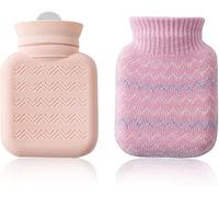 Hot Water Bottle Hot Water Bag, Silica Gel Hot Water Bottle with Knit Cover 320ml for Pain Relief Hand Feet Warmer Gray & Pink