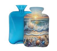 Hot Water Bottle Rubber with Soft Cover, Beach Waves Crashing Pearl Seashells 2L Hot Water Bag for Pain Relief, Hot and Cold Therapy