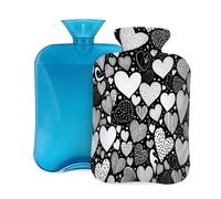 Hot Water Bottle Rubber with Soft Cover, Black and White Abstract Love Heart 2L Hot Water Bag for Pain Relief, Hot and Cold Therapy