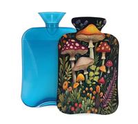Hot Water Bottle Rubber with Soft Cover, Mushroom Fairy Forest Flowers Plants On Black Background 2L Hot Water Bag for Pain Relief, Hot and Cold Therapy