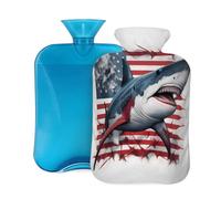 Hot Water Bottle Rubber with Soft Cover, Ocean Animal Ferocious Shark American Flag 2L Hot Water Bag for Pain Relief, Hot and Cold Therapy