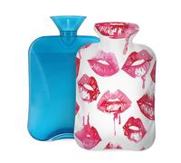 Hot Water Bottle Rubber with Soft Cover, Romantic Red Pink Lipstick Sexy Print 2L Hot Water Bag for Pain Relief, Hot and Cold Therapy