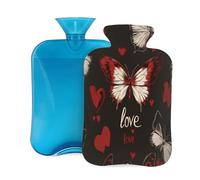 Hot Water Bottle Rubber with Soft Cover, Valentines Day Theme Vintage Butterfly Red White 2L Hot Water Bag for Pain Relief, Hot and Cold Therapy