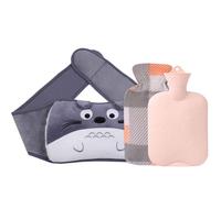 Hot Water Bottle Set with Totoro - Patterned Plush Cover - 1 - Liter Rubber Warm Water Bag for Period Pain & Fatigue Relief, Grey Waist/Hand Warmer