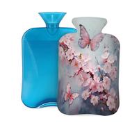 Hot Water Bottle with Cover 2L, Art Pink Butterfly Cherry Blossom Flroal Hot Water Bottles for Adults Warmer/Pain Relief
