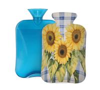 Hot Water Bottle with Cover 2L, Blue Plaid Sunflower Hot Water Bottles for Adults Warmer/Pain Relief