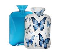 Hot Water Bottle with Cover 2L, Blue Watercolor Butterfly Hot Water Bottles for Adults Warmer/Pain Relief