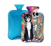 Hot Water Bottle with Cover 2L, Colorful Cute Graffiti Skeleton Cat Hot Water Bottles for Adults Warmer/Pain Relief