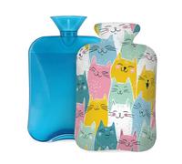 Hot Water Bottle with Cover 2L, Colorful Smiling Cats Hot Water Bottles for Adults Warmer/Pain Relief