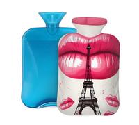 Hot Water Bottle with Cover 2L, Eiffel Tower Art Red Lips Hot Water Bottles for Adults Warmer/Pain Relief