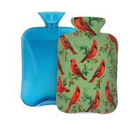 Hot Water Bottle with Cover 2L, Green Branch Christmas Red Bird Hot Water Bottles for Adults Warmer/Pain Relief