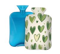 Hot Water Bottle with Cover 2L, Green Love Heart Graffiti Hot Water Bottles for Adults Warmer/Pain Relief