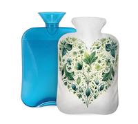 Hot Water Bottle with Cover 2L, Green Plants Love Heart Hot Water Bottles for Adults Warmer/Pain Relief