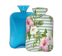 Hot Water Bottle with Cover 2L, Green Striped Pink Flower Hot Water Bottles for Adults Warmer/Pain Relief