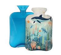 Hot Water Bottle with Cover 2L, Ocean Colorful Fish Seaweed Hot Water Bottles for Adults Warmer/Pain Relief