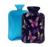 Hot Water Bottle with Cover 2L, Purple Golden Butterfly Hot Water Bottles for Adults Warmer/Pain Relief