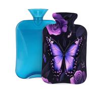 Hot Water Bottle with Cover 2L, Purple Rose Butterfly Hot Water Bottles for Adults Warmer/Pain Relief