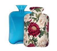 Hot Water Bottle with Cover 2L, Red White Classical Peony Flower Hot Water Bottles for Adults Warmer/Pain Relief