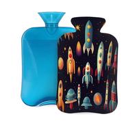 Hot Water Bottle with Cover 2L, Retro Rocket Starry Sky Graphics Hot Water Bottles for Adults Warmer/Pain Relief