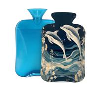Hot Water Bottle with Cover 2L, Wave Dolphin Flower Hot Water Bottles for Adults Warmer/Pain Relief
