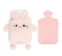 Hot Water Bottle with Cover, 750 ml Hot Water Bottle, Hot Water Bottles Cosy Fluffy Soft Plush Cute Pattern, Natural Rubber Hot Water Bag Great Gift for Seniors Children (Pink Bunny)