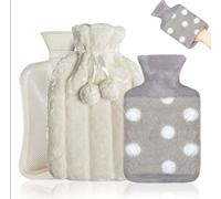 Hot Water Bottle with Cover, Fluffy Hot Water Bottles 2 Pack, Extra Large Hot Water Bottle 2L + 1l Small Hot Water Bottle Gift Set, Hot Water Bag for Pain Relief (Grey)