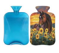 Hot Water Bottle with Cover, Horse Sunflower Pattern 2L Hot Water Bag for Pain Relief, Neck Soft and Shoulder, Hand Feet Warmer, Hot and Cold Compress for Adult Kids