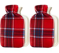 Hot Water Bottle with Fleece Cover 1.5L, Long-Lasting Reusable Rubber Bottle for Pain Relief & Warmth, Eco-Friendly Winter Essentials Gifts for Adults (Red Check) (Pack of 2)
