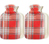 Hot Water Bottle with Fleece Cover 1.5L, Long-Lasting Reusable Rubber Bottle for Pain Relief & Warmth, Eco-Friendly Winter Essentials Gifts for Adults (Red/Grey Check) (Pack of 2)